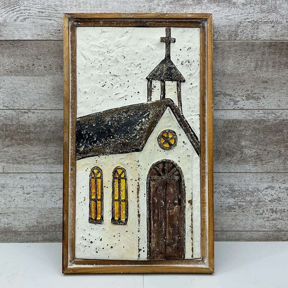 Little Cathedral Embossed Metal Wall Art Church Rustic Wood Frame 24”x14”